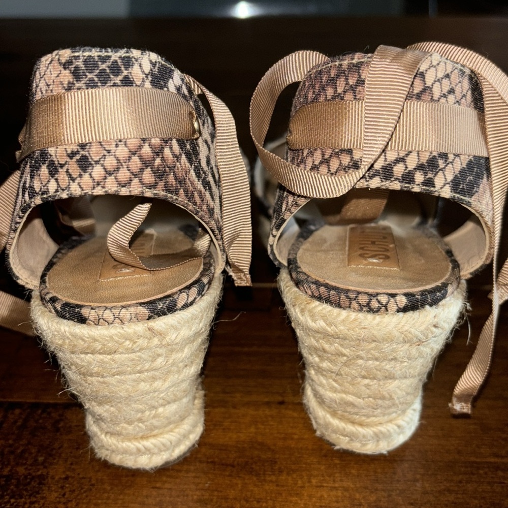 SCHUTZ Snake Print Espadrille Wedge in Beige and Black with Tan Ankle Tie - Picture 6 of 7